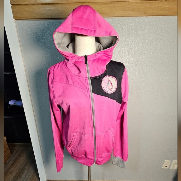 Girls Volcom Pink and Black Hooded Jacket with logos XL - Picture 2 of 11